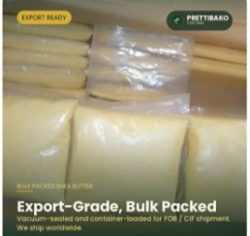 Export-grade, bulk-packed shea butter, vacuum-sealed and container-loaded